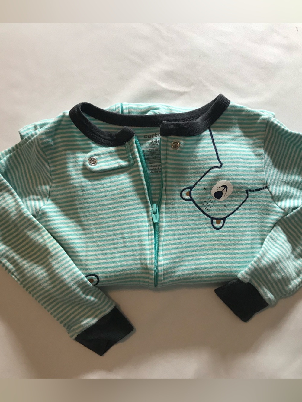 Carter's Mint and White Striped Bear Zip-Up Bodysuit with Navy Trim